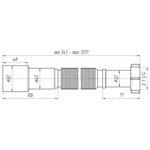 К216 Гибкая труба 1 1/4"*40/50 удлиненная (541-1371мм)