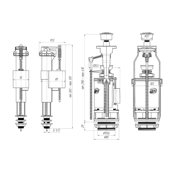 WC9510C Набор с нижней подводкой 1/2" с пластиковым штуцером, кнопка двойная хромированная
