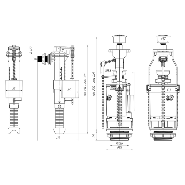 WC9010C Набор с боковой подводкой 1/2" с пластиковым штуцером, кнопка двойная хромированная