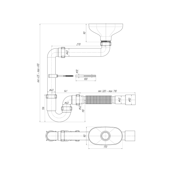DR5015 Сифон Ани 1 1/2"х40 прям смещ с разр.струи с г/т 40*40/50