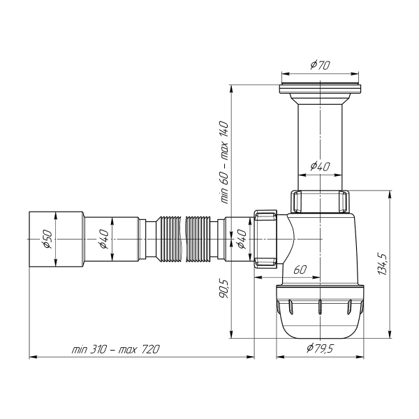 А0515 Сифон Ани Грот 1 1/2"х40 с гибкой трубой 40*40х50