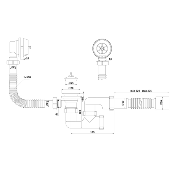 С6255 Cифон Варяг для ванны регулируемый с гибкой трубой 40x50