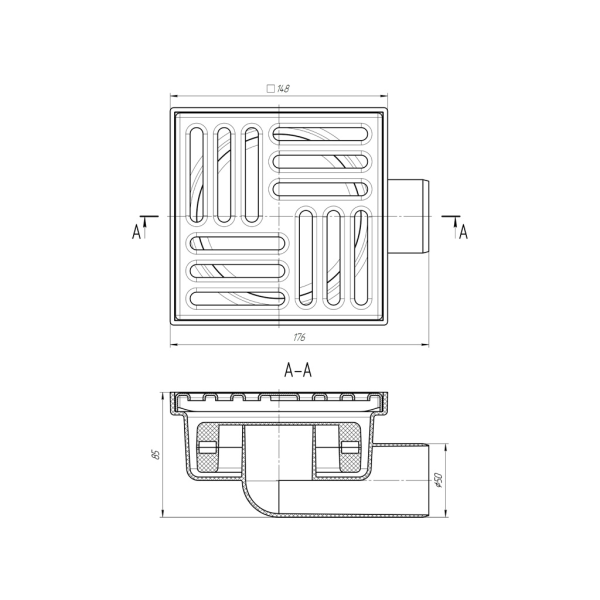 ТQ5112 Трап гориз. н/р с вып. 50мм, с нерж. реш. 150*150 сухой