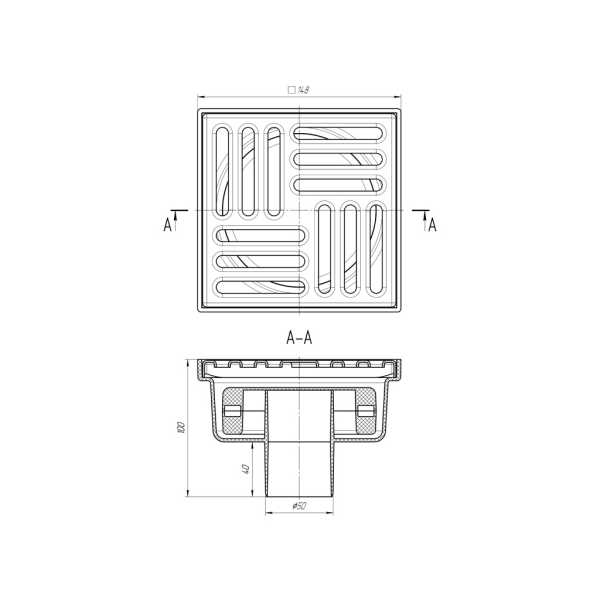 ТQ5212 Трап вертик. н/р с вып. 50мм, с нерж. реш. 150*150 сухой