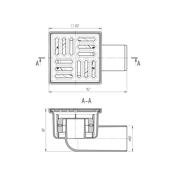 ТQ5102 Трап гориз. н/р с вып. 50мм, с нерж. реш. 100*100 сухой