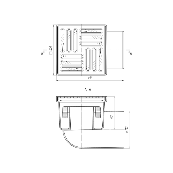 ТQ1112 Трап гориз. н/р с вып. 110мм, с нерж. реш. 150*150 сухой
