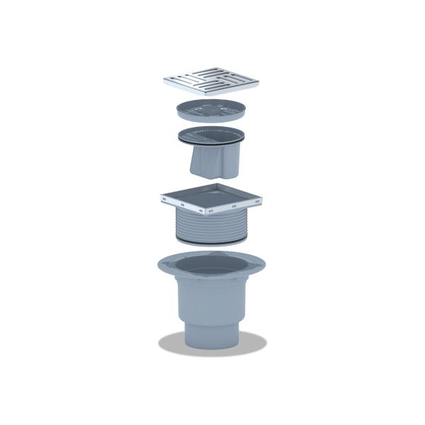ТQ1712 Трап вертик. рег. с вып. 110мм, с нерж. реш. 150*150 сухой