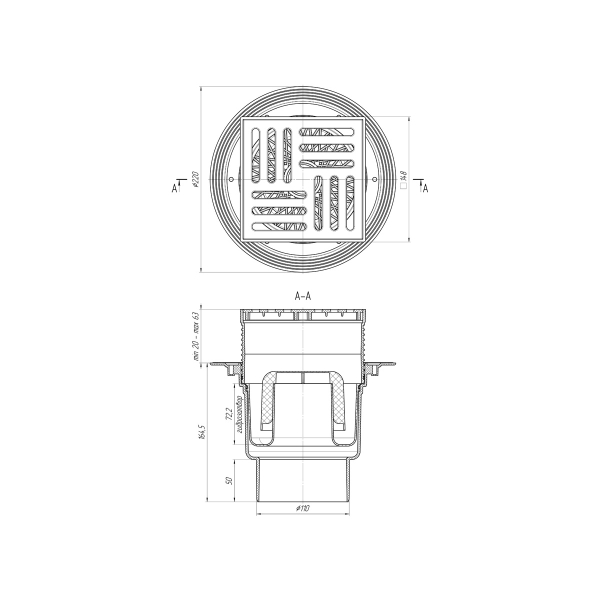 ТА1710 Трап вертикальный регулируемый с выпуском 110мм, с пластиковой решеткой 150*150