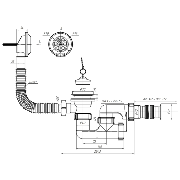 Е255 Сифон Ани д/ванны с выпуском и переливом  1 1/2" с г/тр 40х50