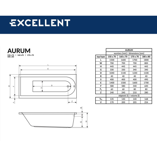 Ванна акриловая Excellent Aurum 180x80