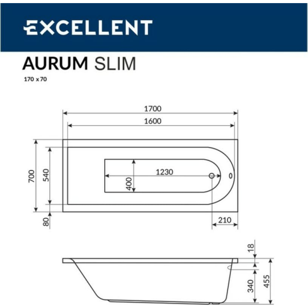 Ванна акриловая Excellent Aurum Slim 170x70 белый (без ножек)