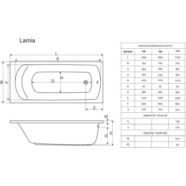 Ванна акриловая Excellent Lamia 150х75