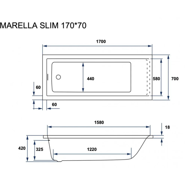 Ванна акриловая Excellent Marella Slim 170x70 белый (без ножек)