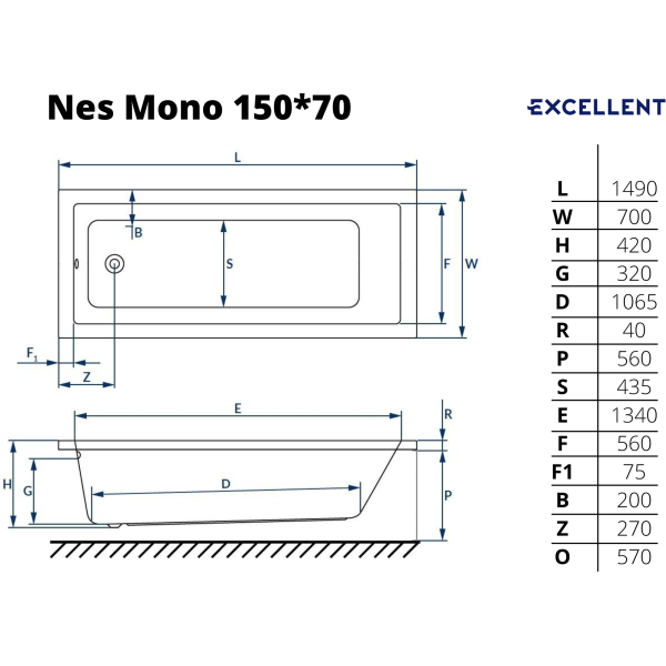 Ванна акриловая Excellent Ness Mono 150x70