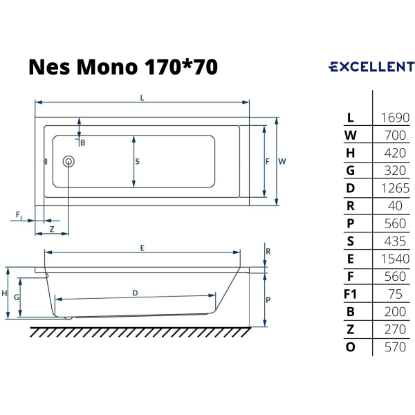 Ванна акриловая Excellent Ness Mono 170x70