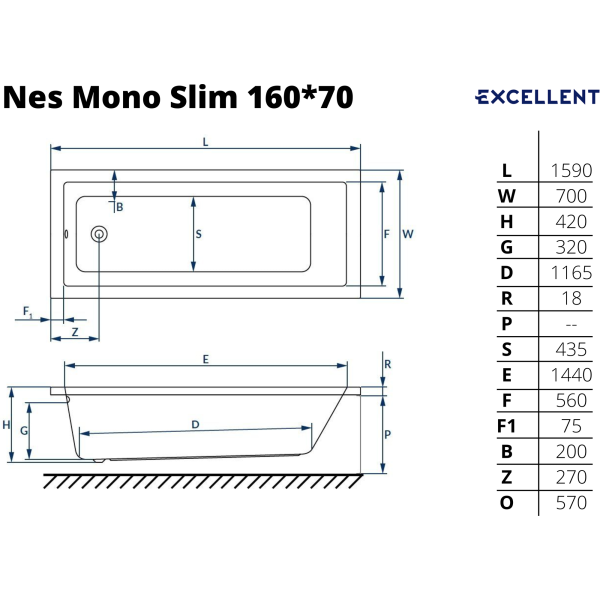 Ванна акриловая Excellent Ness Mono Slim 160x70 с ножками