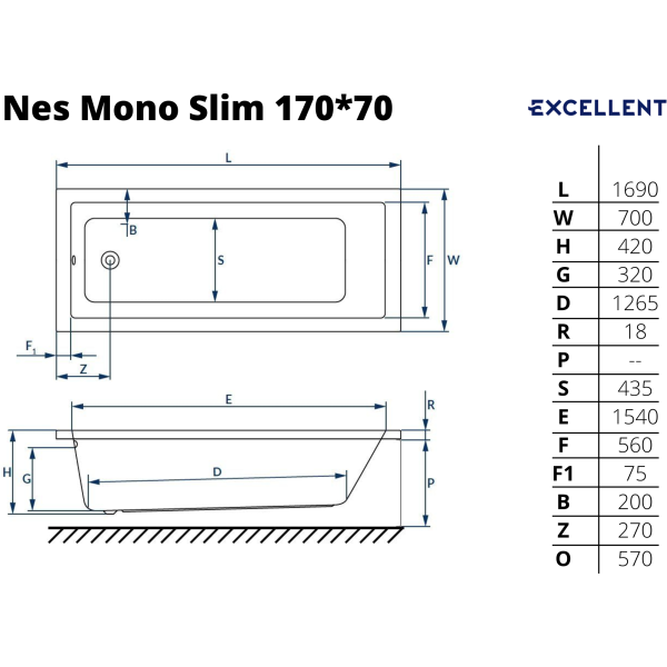 Ванна акриловая Excellent Ness Mono Slim 170x70 с ножками