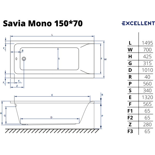 Ванна акриловая Excellent Savia Mono 150x70