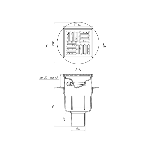ТQ5702 Трап гориз. рег. с вып. 50мм, с нерж. реш. 150*150 сухой