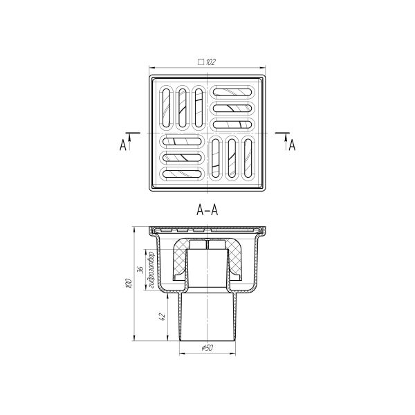 ТА5202 Трап вертик. н/р с вып. 50мм, с нерж. реш. 100*100