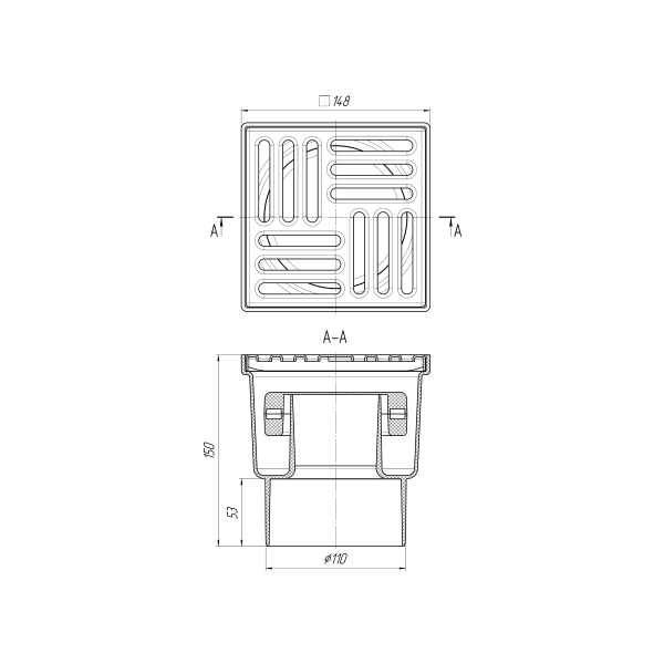 ТQ1212 Трап вертик. н/р с вып. 110мм, с нерж. реш. 150*150 сухой