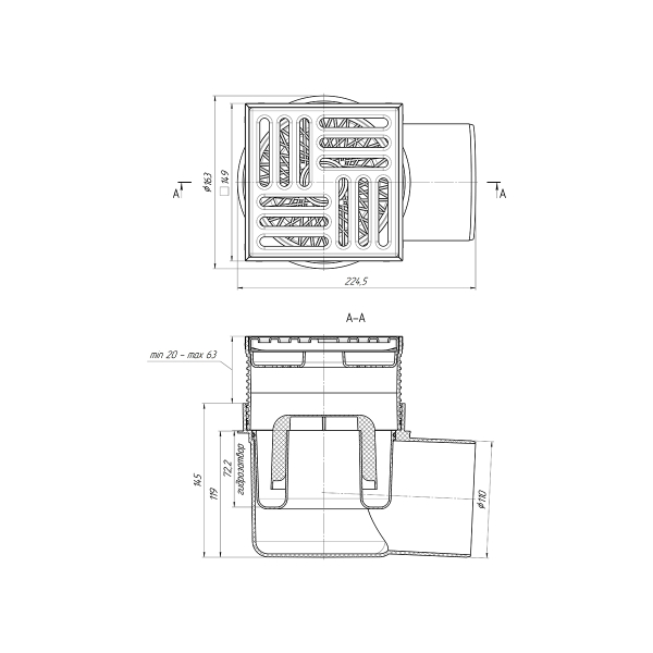 ТА1612 Трап гориз. рег. с вып. 110мм, с нерж. реш. 150*150