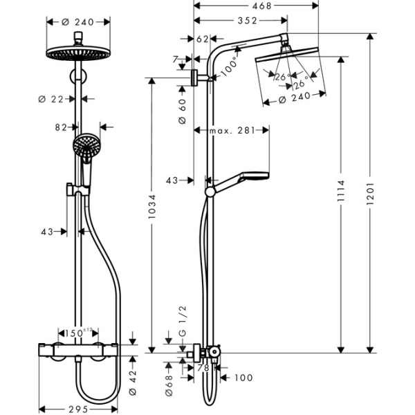 Душевая стойка с тропическим душем Hansgrohe Crometta S 240 1jet Showerpipe 27267000 Душевая стойка с тропическим душем Hansgrohe Crometta S 240 1jet Showerpipe 27267000