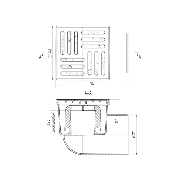ТА1110 Трап гориз. н/р с вып. 110мм, c пласт. реш. 150*150