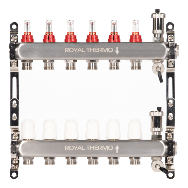 Коллектор Royal Thermo нерж. в сборе с расходомерами 1" ВР-3/4" НР с автомат. воздухоотвод-ми 6 вых. Коллектор Royal Thermo нерж. в сборе с расходомерами 1" ВР-3/4" НР с автомат. воздухоотвод-ми 6 вых.