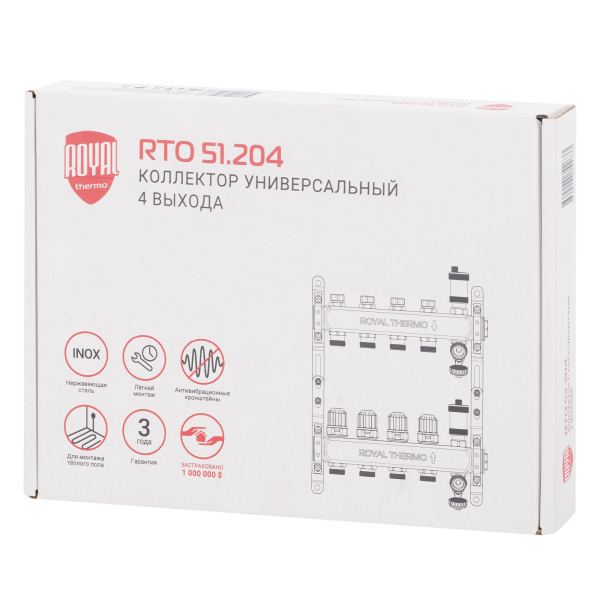 Коллектор Royal Thermo нерж. в сборе универсальный 1" ВР-3/4" НР с автомат. воздухоотвод-ми 4 вых.