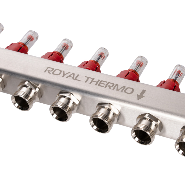 Коллектор Royal Thermo нерж. в сборе с расходомерами 1" ВР-3/4" НР с автомат. воздухоотвод-ми 8 вых. Коллектор Royal Thermo нерж. в сборе с расходомерами 1" ВР-3/4" НР с автомат. воздухоотвод-ми 8 вых.