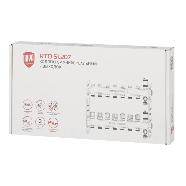 Коллектор Royal Thermo нерж. в сборе универсальный 1" ВР-3/4" НР с автомат. воздухоотвод-ми 7 вых.