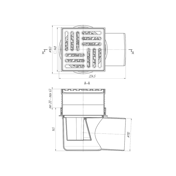 ТQ1612 Трап гориз. рег. с вып. 110мм, с нерж. реш. 150*150 сухой