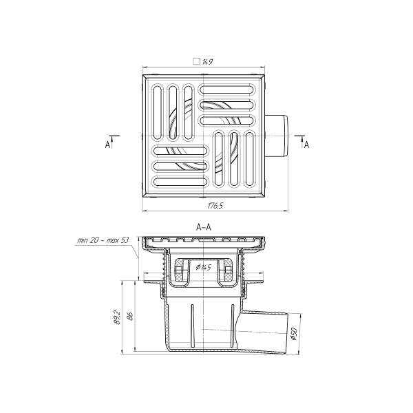 ТQ5612 Трап гориз. рег. с вып. 50мм, с нерж. реш. 150*150 сухой