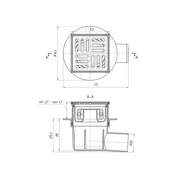ТQ5602 Трап гориз. рег. с вып. 50мм, с метал. реш. 100*100 сухой