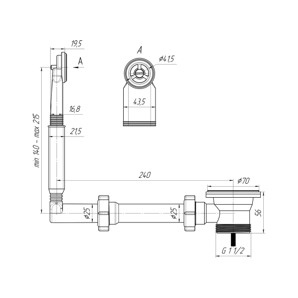 N120 Жесткий перелив Ани для мойки 1 1/2" с круглым вертикальным корпусом