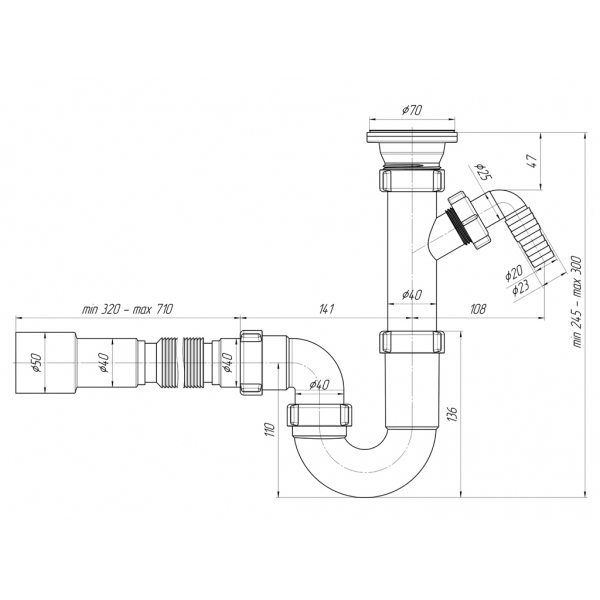 D1015 Сифон Ани 1 1/2"х40 прямоточный с отв. для с/м с гиб тр 40х40/50 