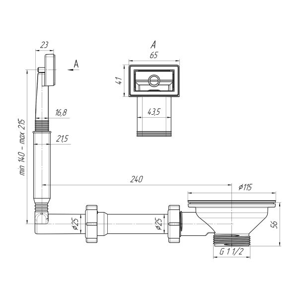 N305 Перелив Ани для мойки 3 1/2" с прямоугл.верт.корпусом